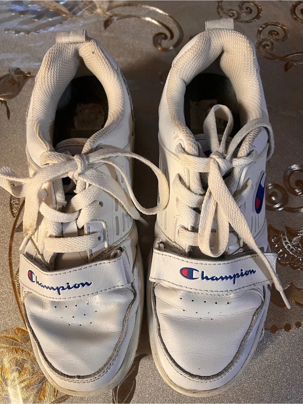 Champion Kids White Sneakers with Navy & Red Logo Accents